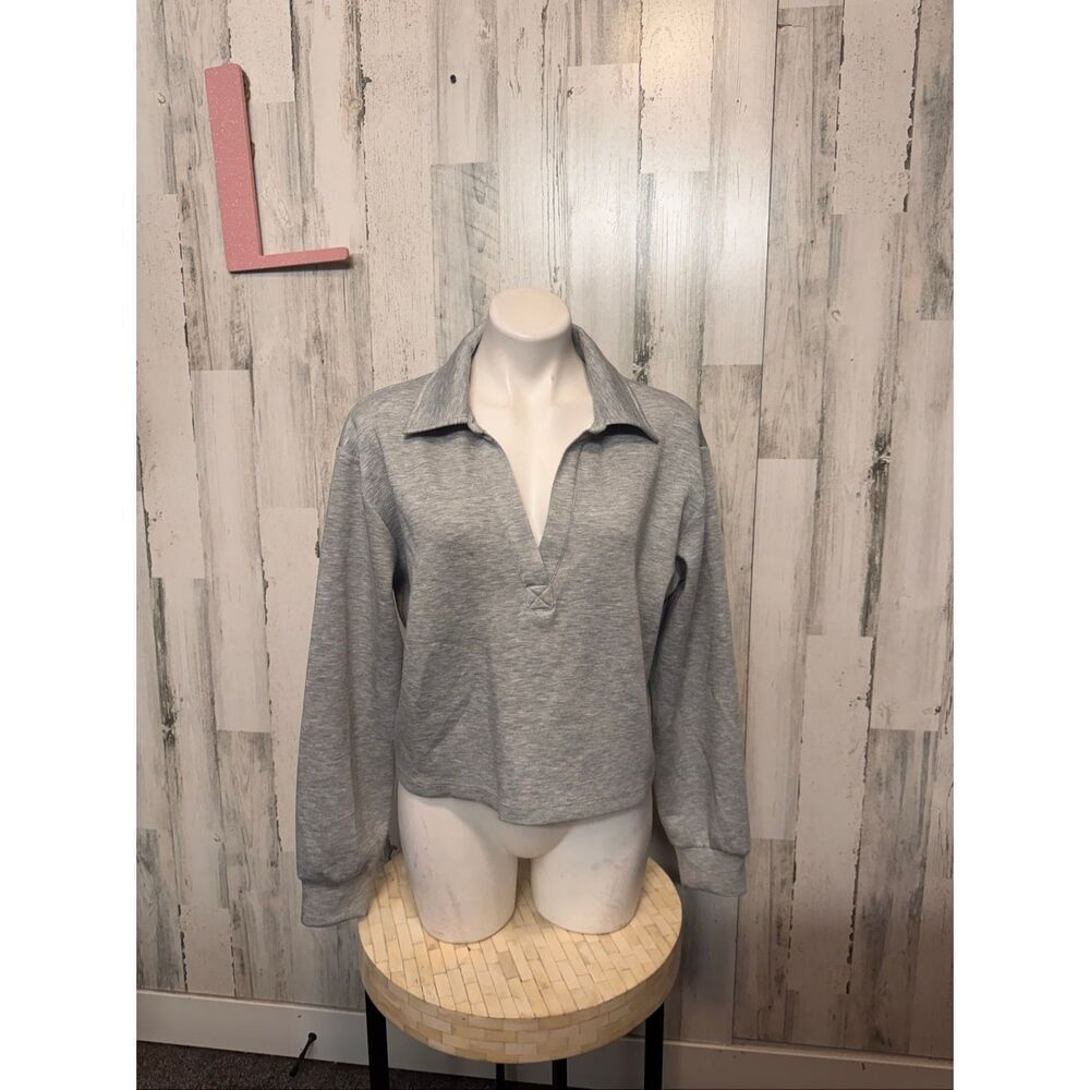 T/S by Thrive Sweatshirt Womens Large Grey Heathered Polo Collar Split V-Neck NW